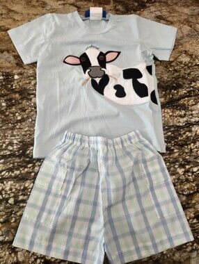 Light Blue Cow Appliqué Kids Set with Plaid Shorts